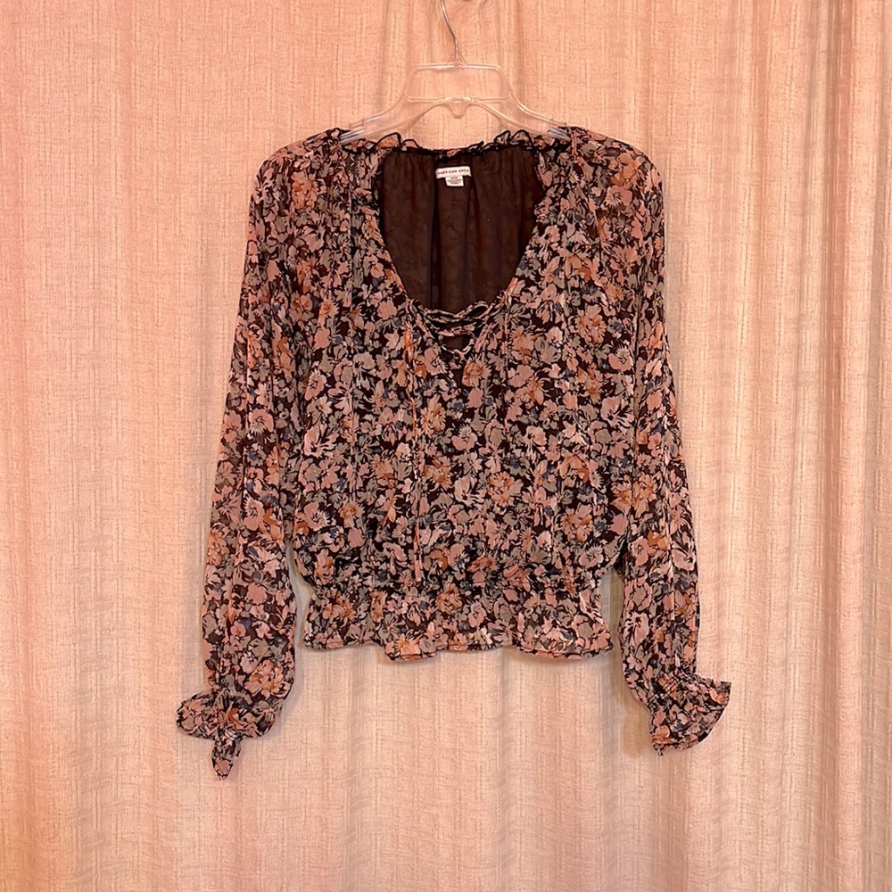 American eagle floral print blouse orange pink black